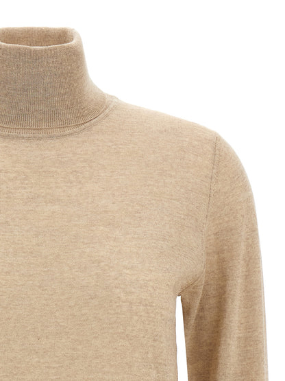 Cardigan by Golden Goose for women in virgin wool beige features a dramatic silhouette, showcasing a sophisticated turtle neckline and dramatic detail for a timeless, premium look.