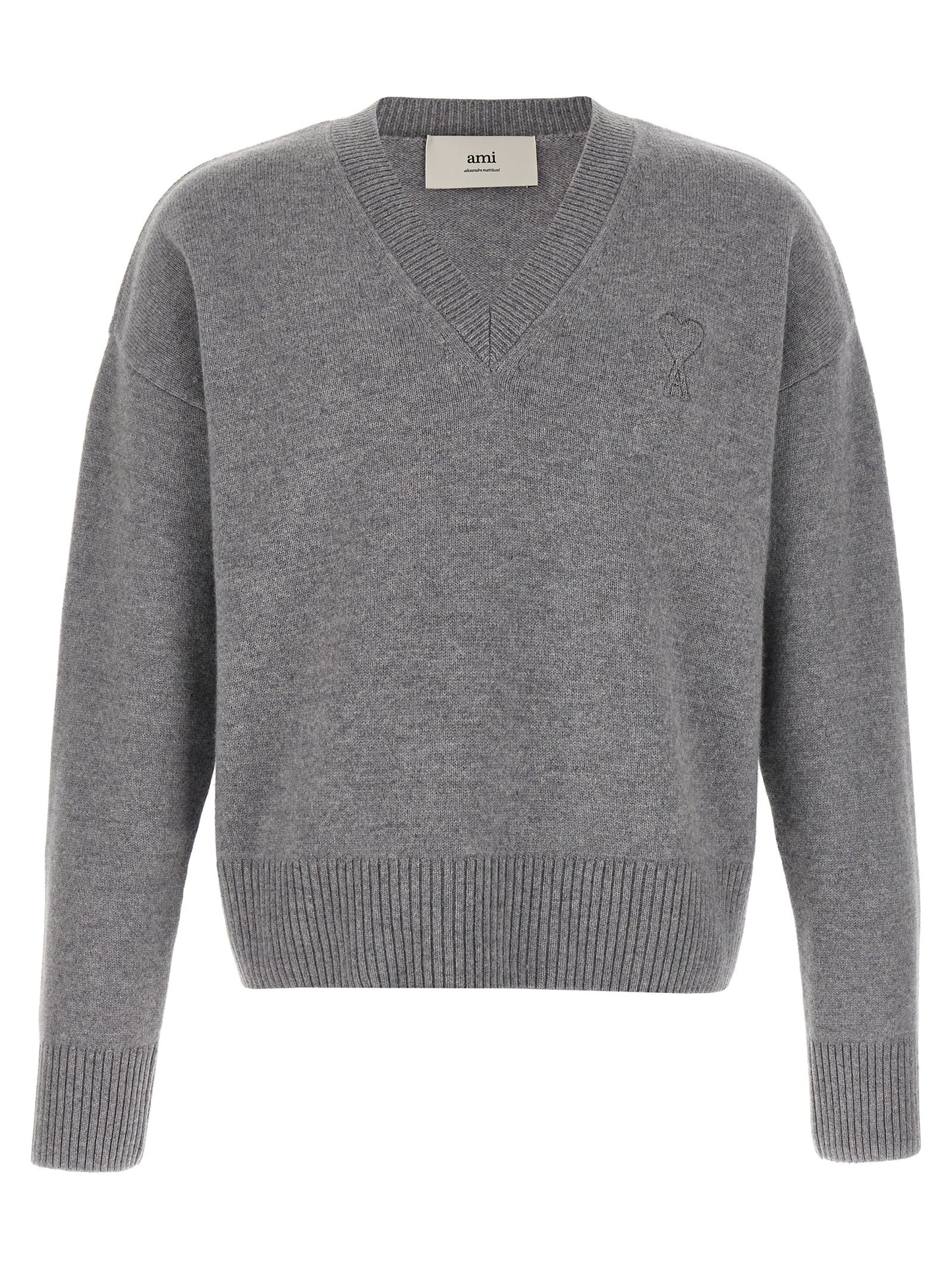 Cardigan by Ami Paris for men in cashmere gray features an impeccable silhouette, showcasing a sophisticated v-neck neckline and detail for a truly impeccable finish.
