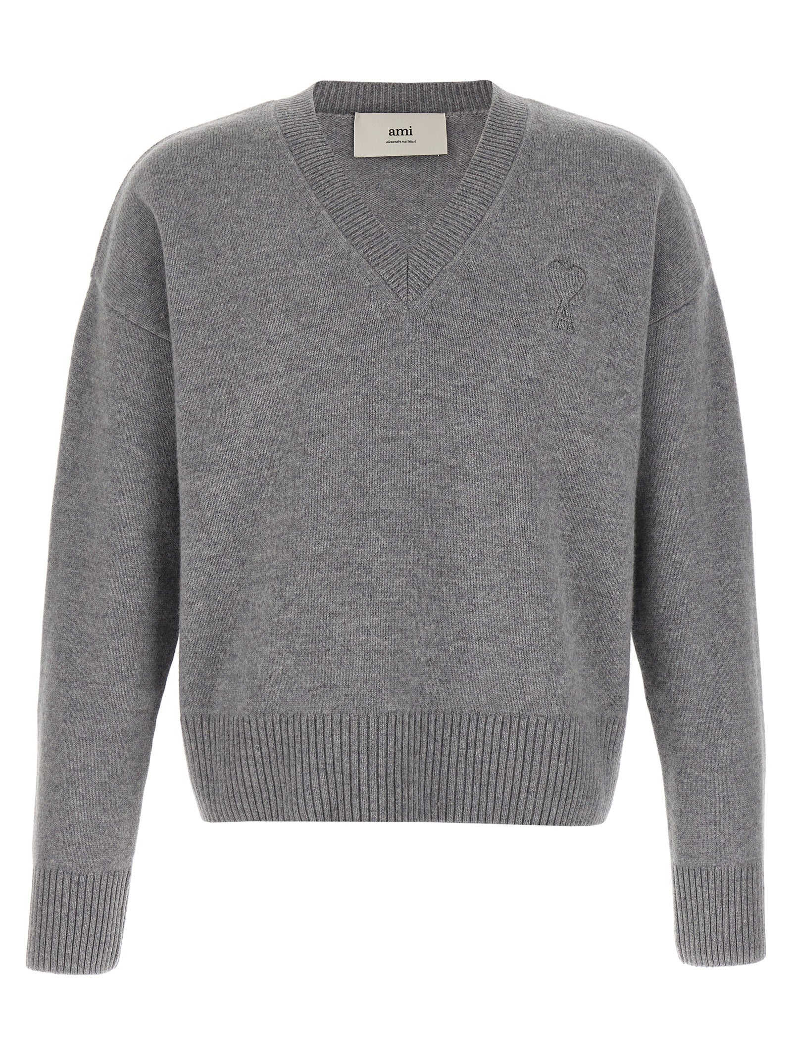 Cardigan by Ami Paris for men in cashmere gray features an impeccable silhouette, showcasing a sophisticated v-neck neckline and detail for a truly impeccable finish.