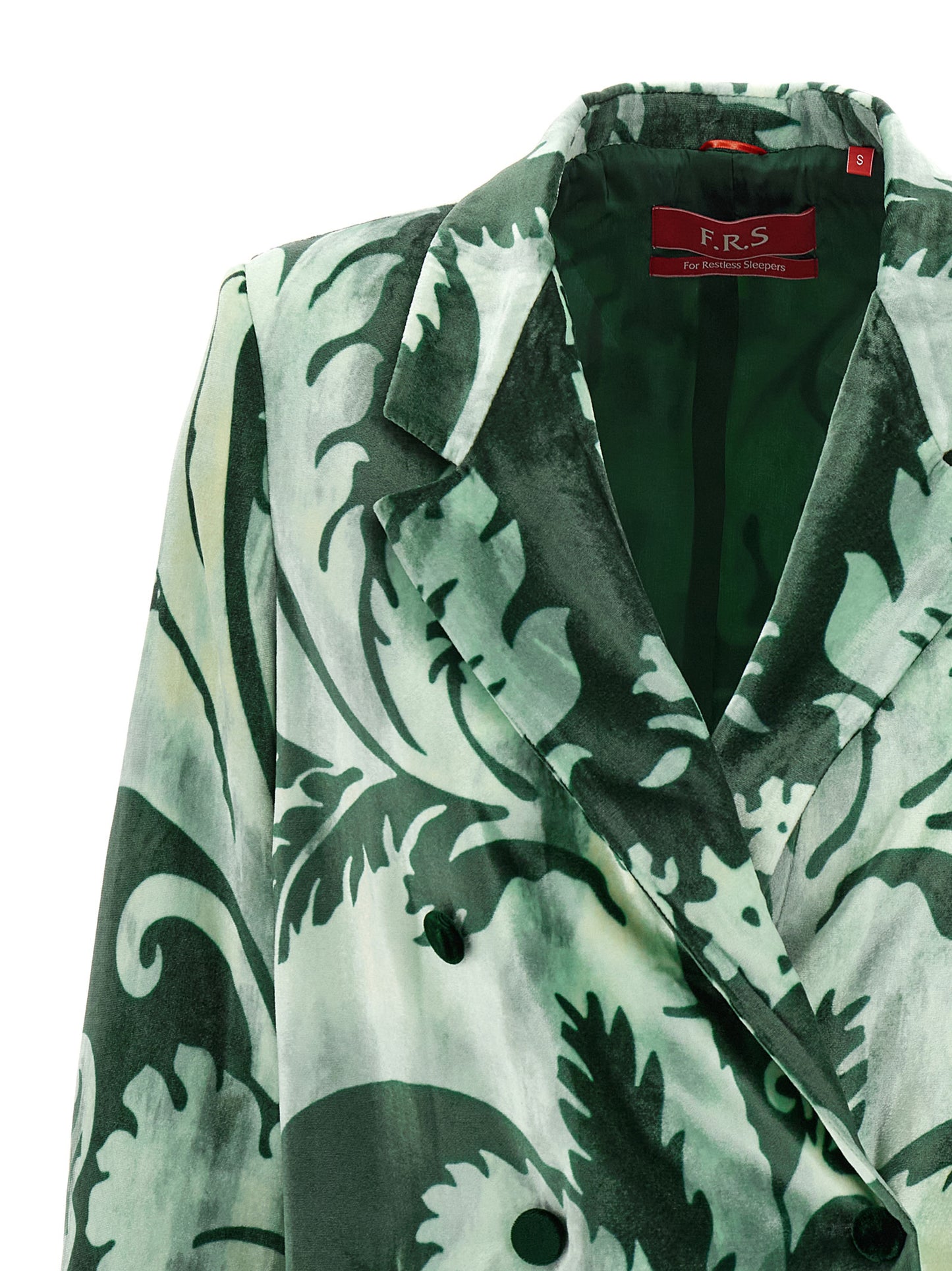 This Blazer by F.R.S. - FOR RESTLESS SLEEPERS for women in viscose silk velvet bicolour & green presents a tailored silhouette, meticulously tailored with a tailored and distinctive for a tailored finish.