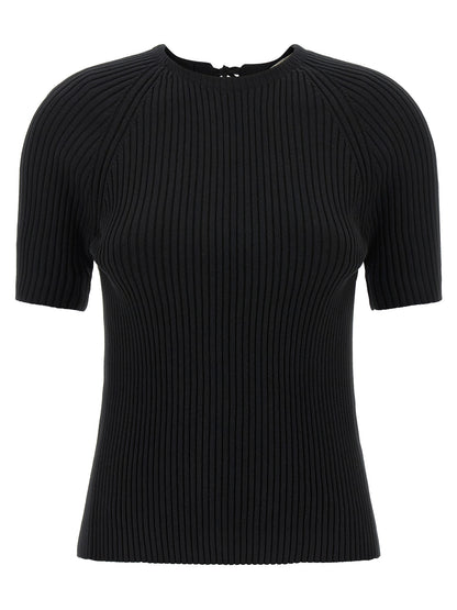 Cardigan by Tory Burch for women in stretch polyamide cotton black features a nuanced silhouette with a refined crew neckline and nuanced short-sleeve detailing for a sophisticated look.