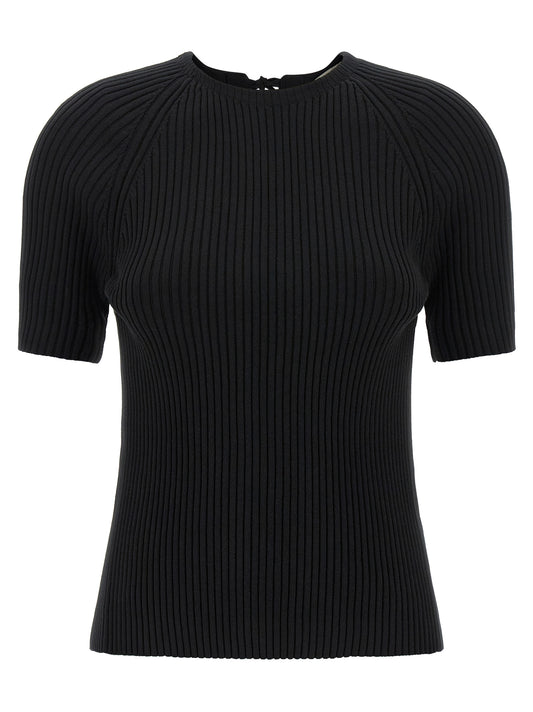 Cardigan by Tory Burch for women in stretch polyamide cotton black features a nuanced silhouette with a refined crew neckline and nuanced short-sleeve detailing for a sophisticated look.