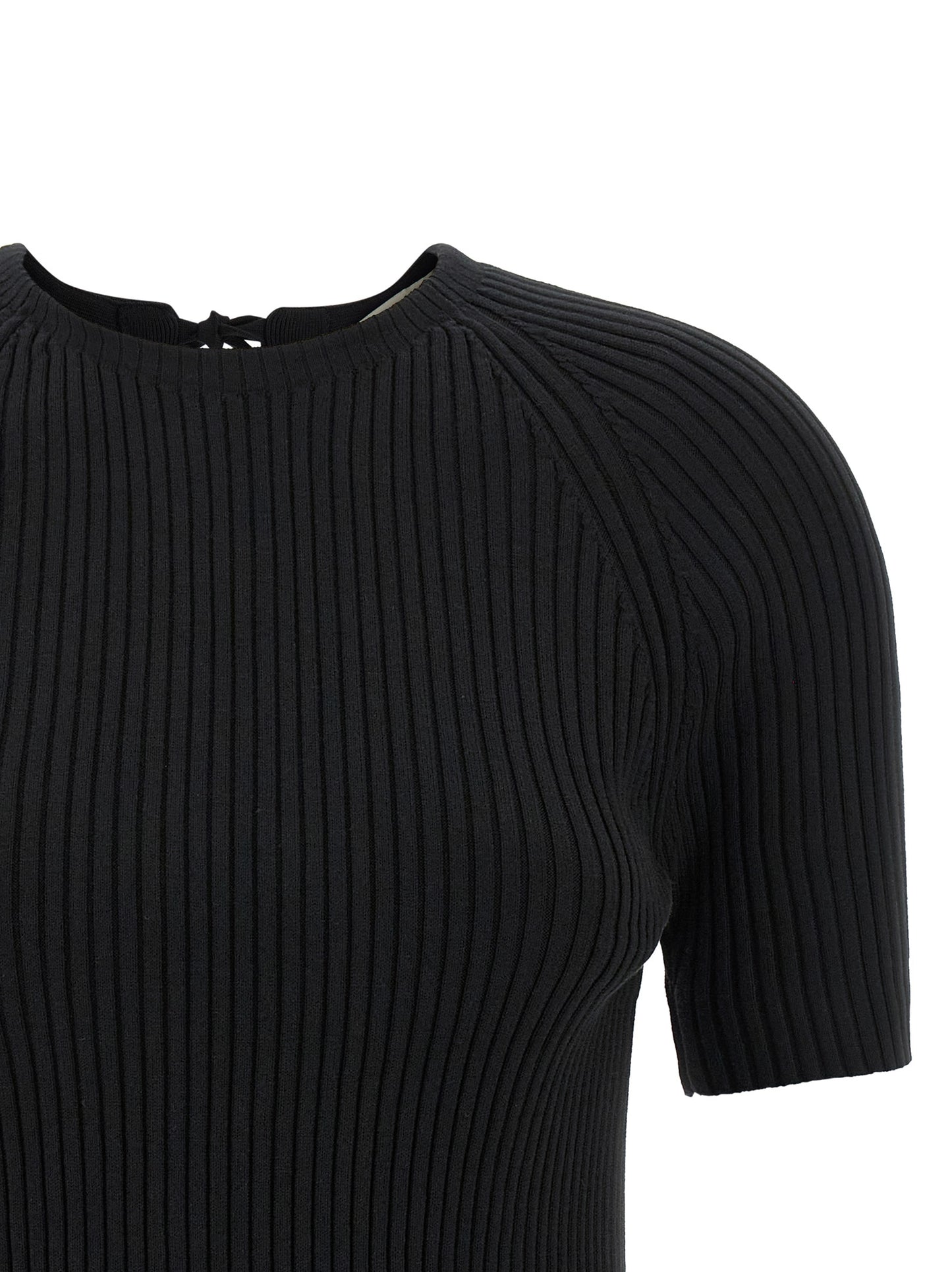 Cardigan by Tory Burch for women in stretch polyamide cotton black features a dramatic silhouette, showcasing a sophisticated crew neckline and dramatic detail for a timeless, premium look.