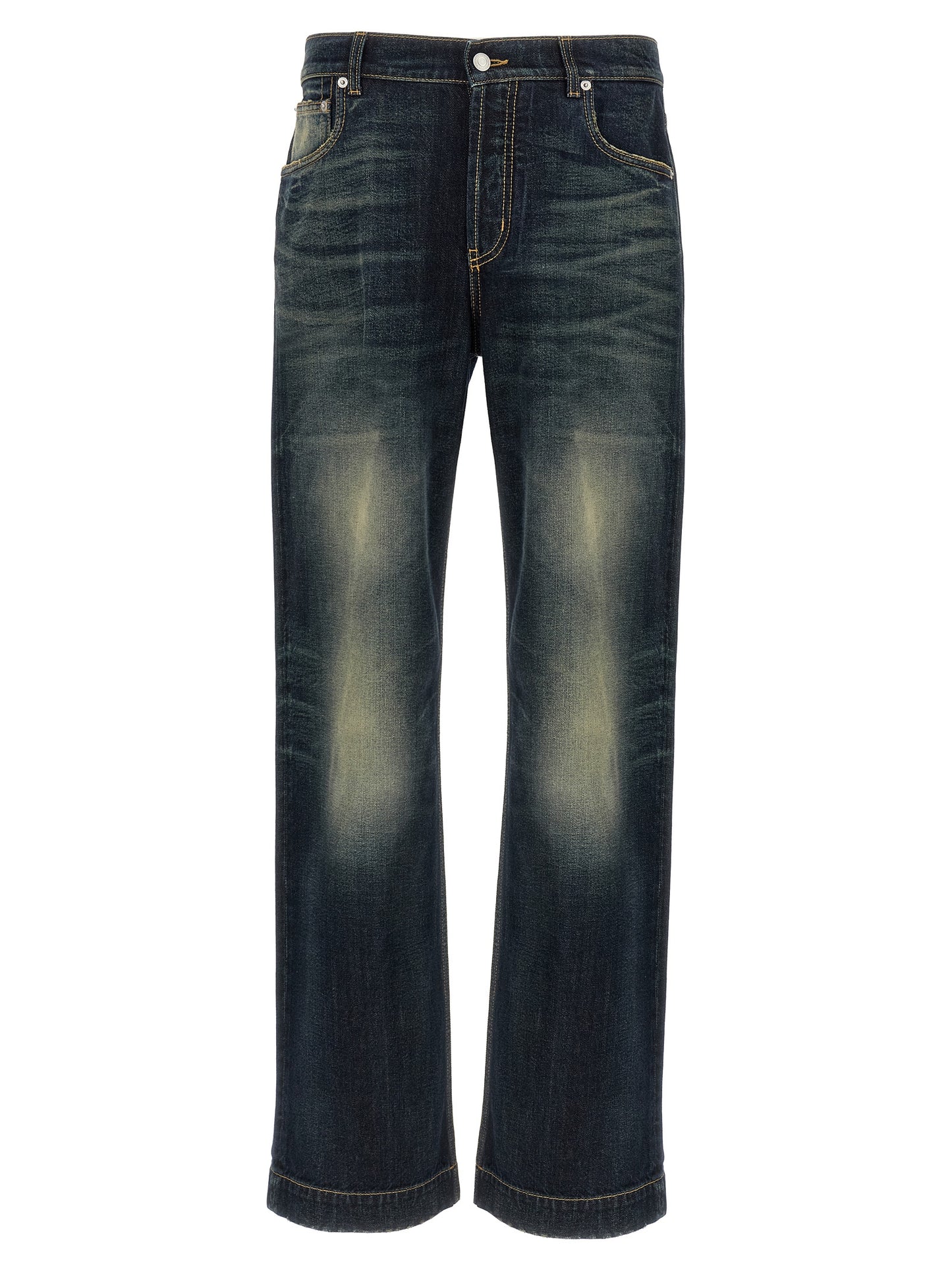 Jeans by Alexander McQueen for men in denim cotton & suede leather blue presents a refined pantology silhouette, artfully defined by a refined pantology straight-leg & wide, long, and a sophisticated .