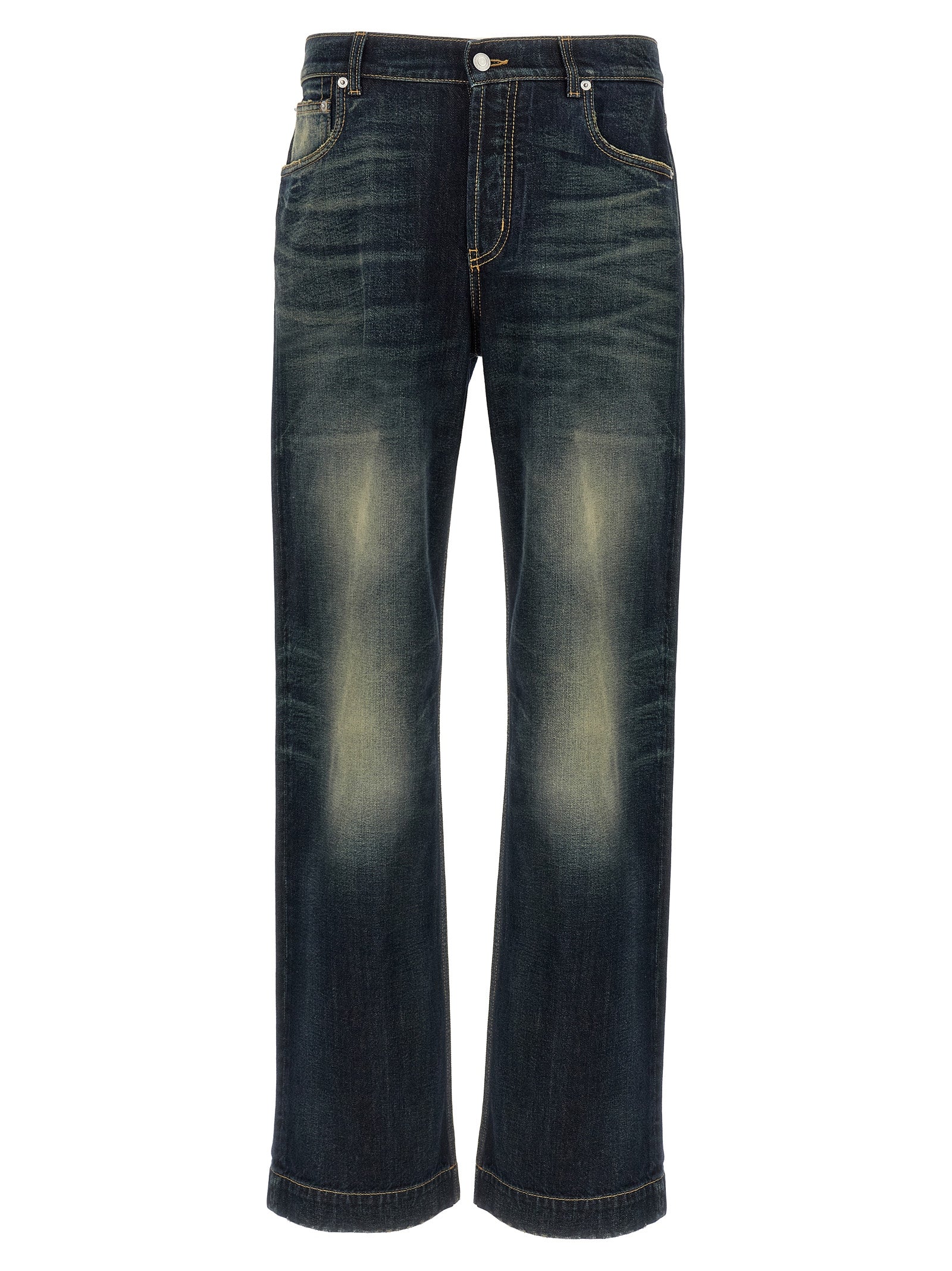 Jeans by Alexander McQueen for men in denim cotton & suede leather blue presents a refined pantology silhouette, artfully defined by a refined pantology straight-leg & wide, long, and a sophisticated .