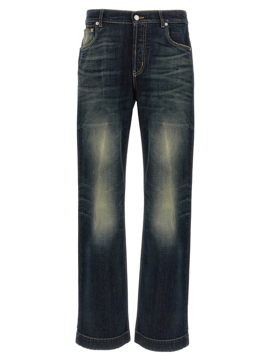 Jeans by Alexander McQueen for men in denim cotton & suede leather blue presents a refined pantology silhouette, artfully defined by a refined pantology straight-leg & wide, long, and a sophisticated .