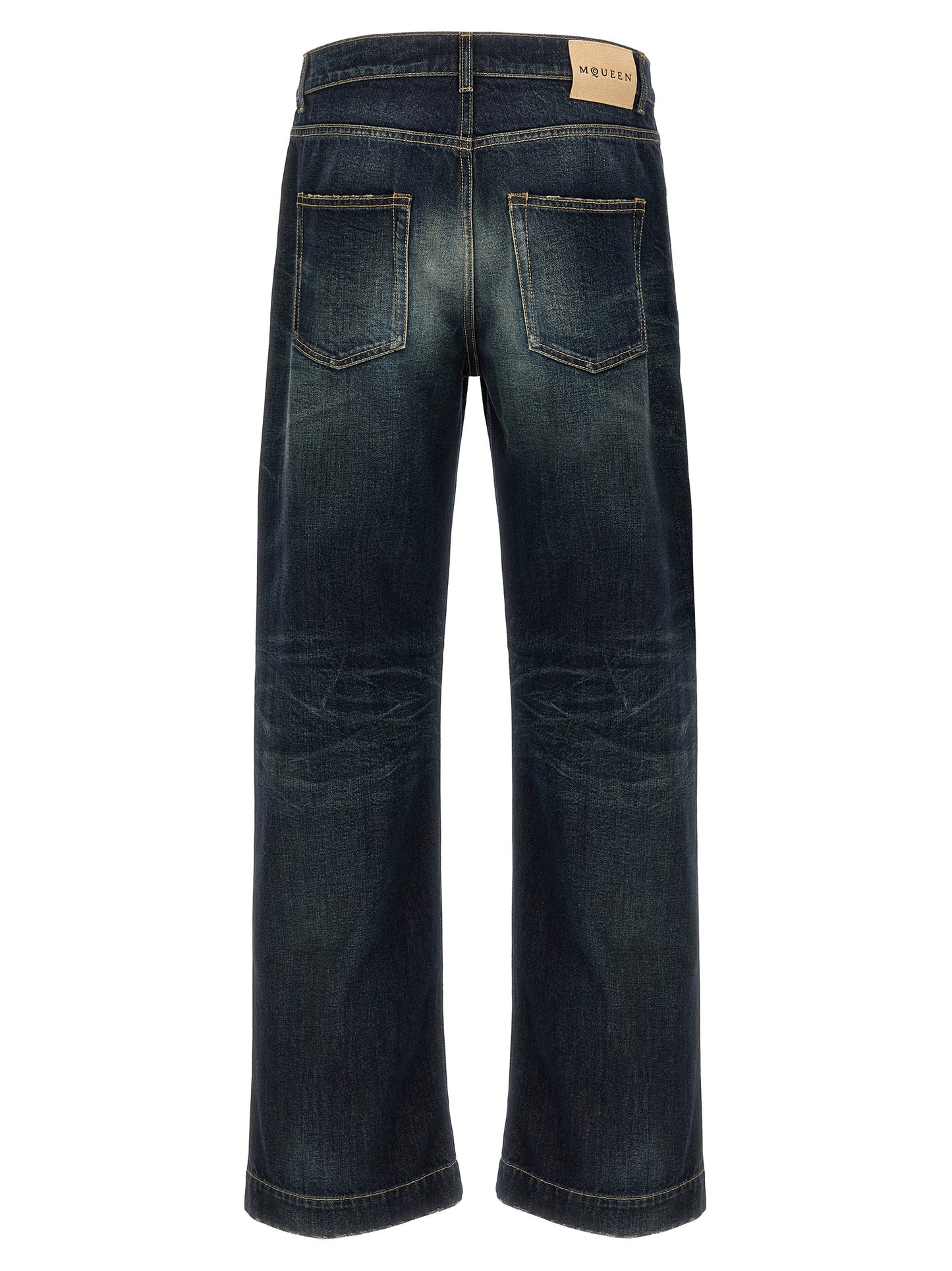 Jeans by Alexander McQueen for men in denim cotton & suede leather blue features an sartorial straight-leg & wide and long with a cut for a sartorial finish.