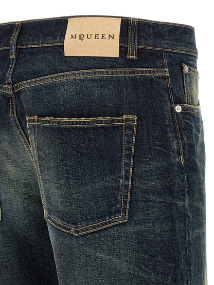 Jeans by Alexander McQueen for men in denim cotton & suede leather blue features an refined tailoring silhouette, showcasing a premium straight-leg & wide with a and long cut for a refined tailoring look.