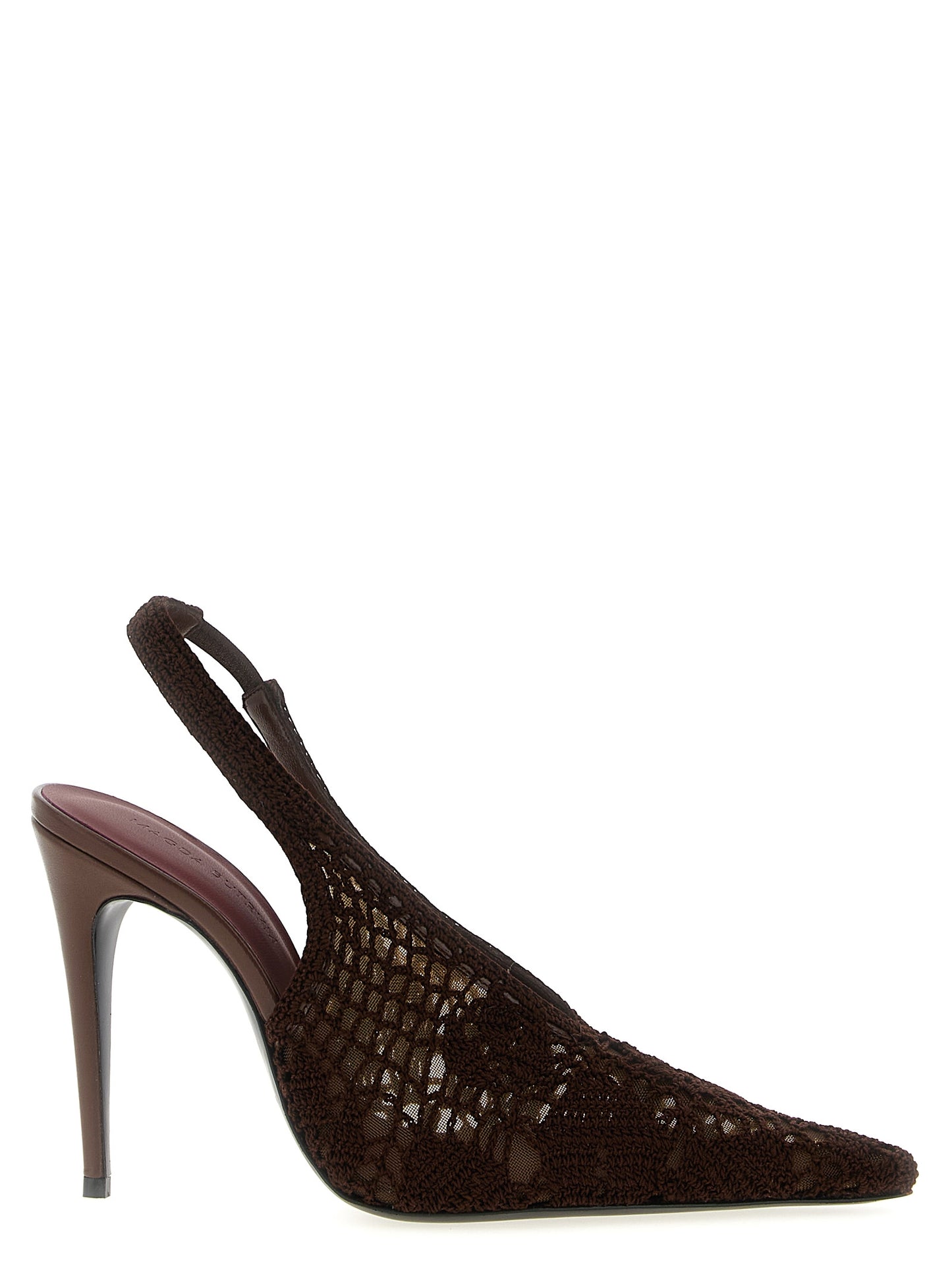 High-Heel Stiletto Slingback Pumps Heels by Magda Butrym for women in cotton viscose brown features an effortlessly chic silhouette from the Crochet Women's Cotton Viscose High-Heel Stiletto Slingback Pumps Heels collection, showcasing a stiletto high-heel and effortlessly chic pointed toe style for a effortlessly chic look.