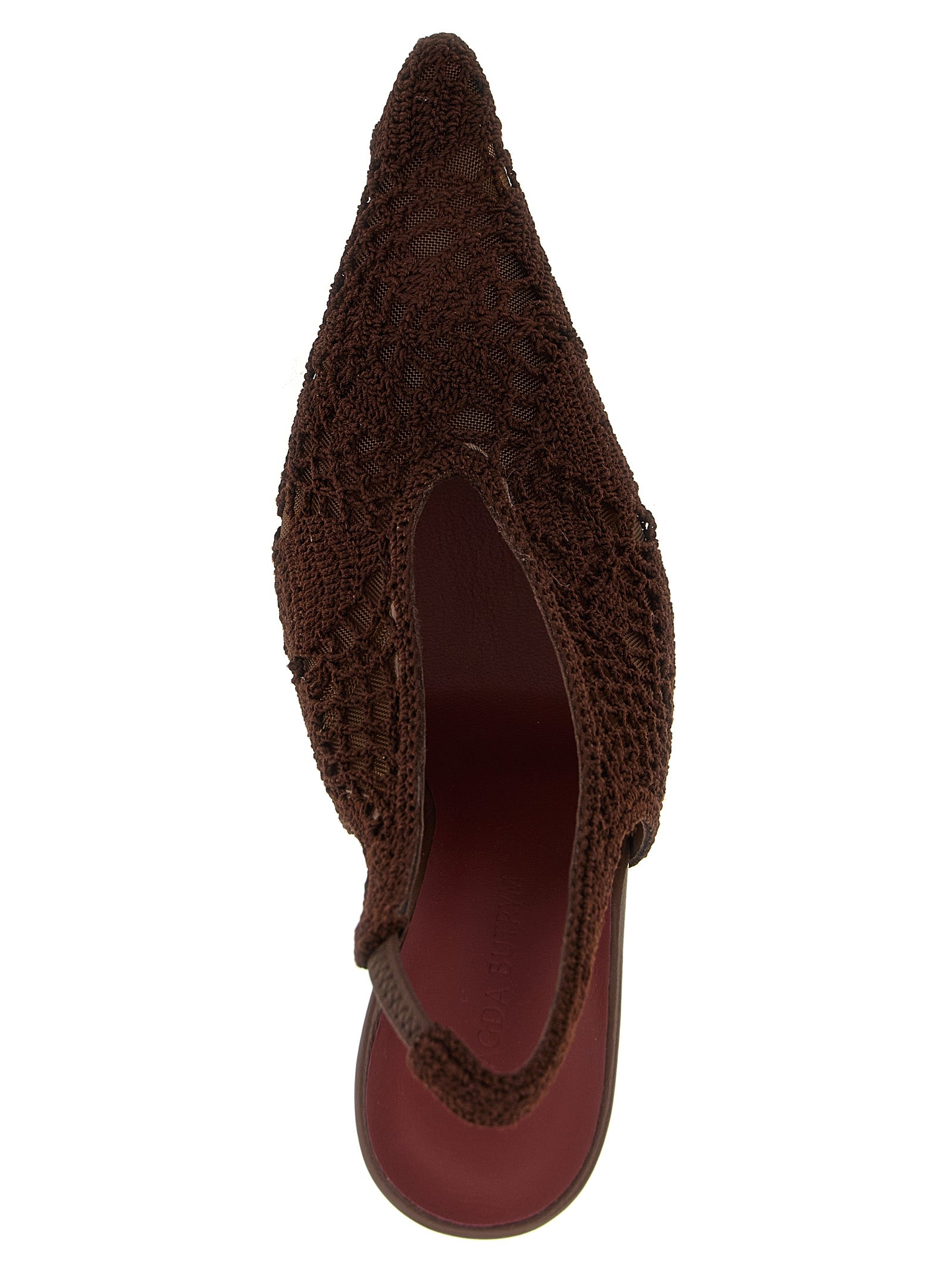 High-Heel Stiletto Slingback Pumps Heels by Magda Butrym for women in cotton viscose brown showcases a exquisite silhouette, perfectly accentuating Crochet Women's Cotton Viscose High-Heel Stiletto Slingback Pumps Heels with a exquisite stiletto high-heel and exquisite pointed toe style.