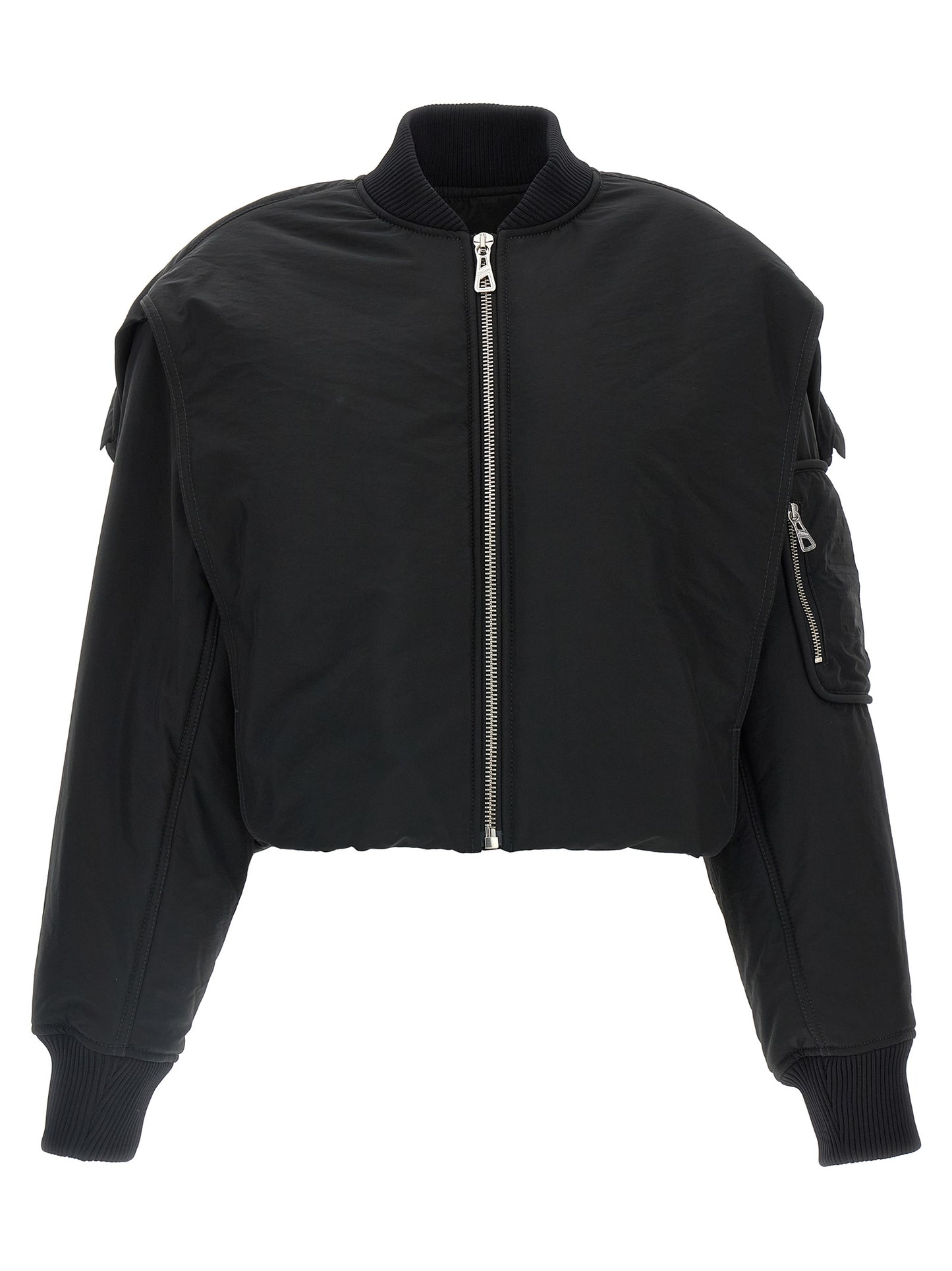 Hooded Bomber Jacket by Jean Paul Gaultier for women in polyester polyurethane polyethylene black features a dramatic silhouette, showcasing a sophisticated hooded neckline and distinctive pockets, hooded & insulated for a dramatic aesthetic.