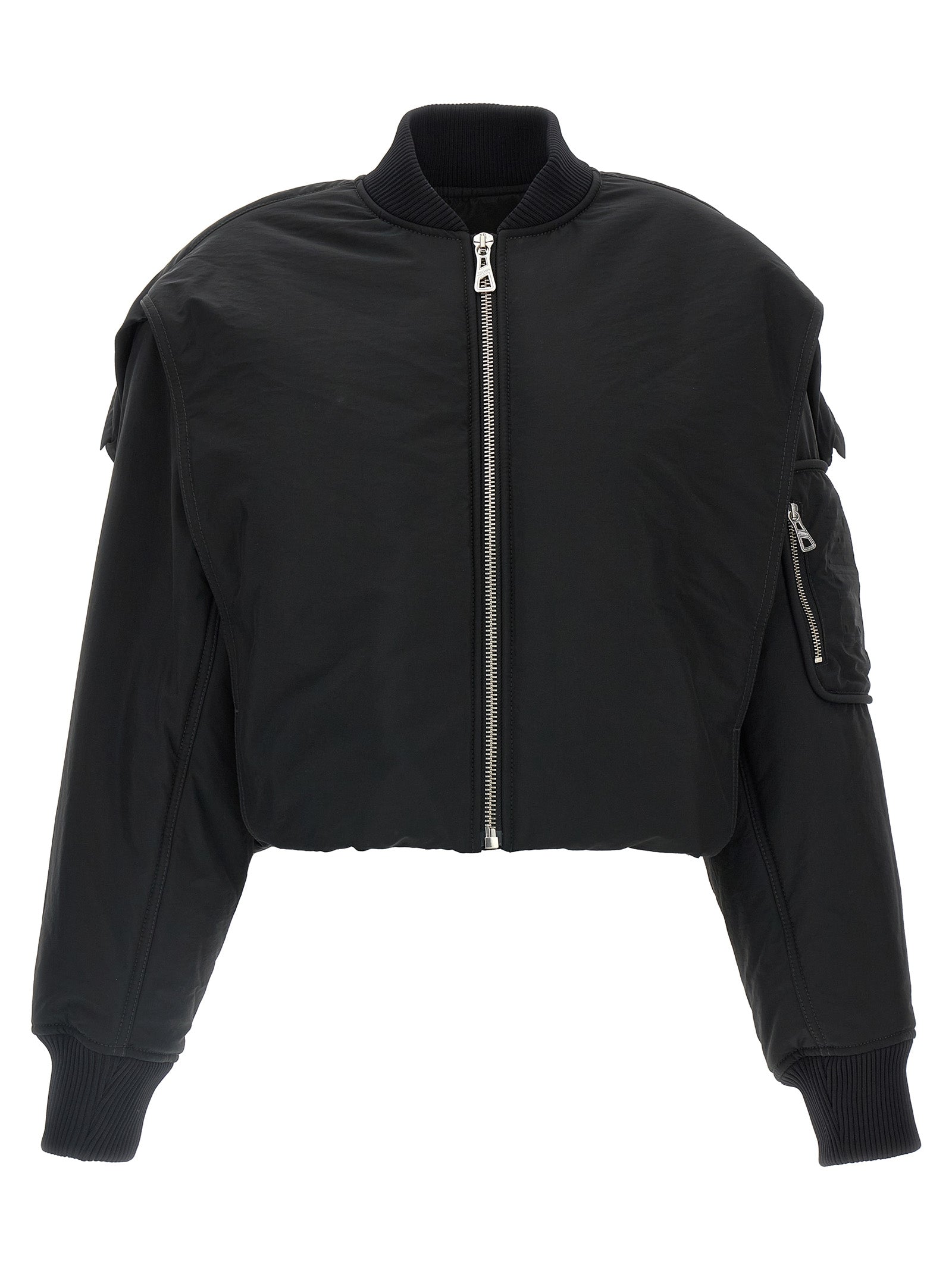 Hooded Bomber Jacket by Jean Paul Gaultier for women in polyester polyurethane polyethylene black features a dramatic silhouette, showcasing a sophisticated hooded neckline and distinctive pockets, hooded & insulated for a dramatic aesthetic.