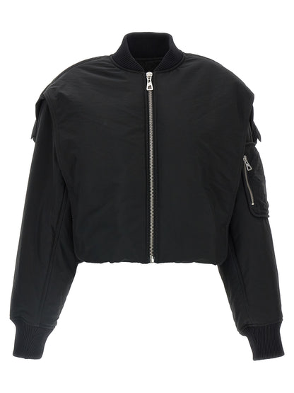 Hooded Bomber Jacket by Jean Paul Gaultier for women in polyester polyurethane polyethylene black features a dramatic silhouette, showcasing a sophisticated hooded neckline and distinctive pockets, hooded & insulated for a dramatic aesthetic.