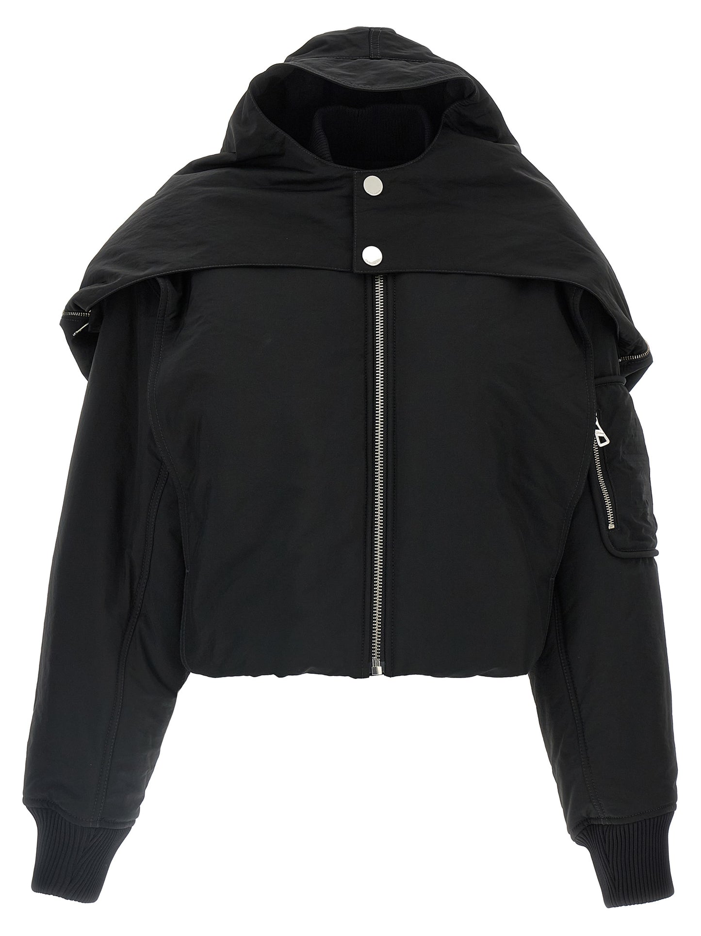 Hooded Bomber Jacket by Jean Paul Gaultier for women in polyester polyurethane polyethylene black features an contemporary silhouette, showcasing a sophisticated hooded neckline and contemporary pockets, hooded & insulated for a truly refined look.