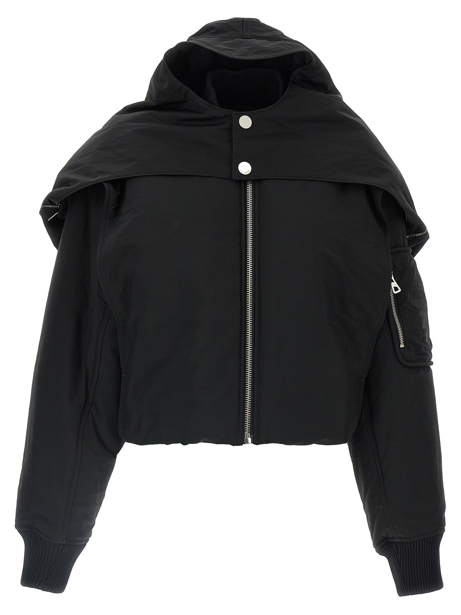Hooded Bomber Jacket by Jean Paul Gaultier for women in polyester polyurethane polyethylene black features an contemporary silhouette, showcasing a sophisticated hooded neckline and contemporary pockets, hooded & insulated for a truly refined look.