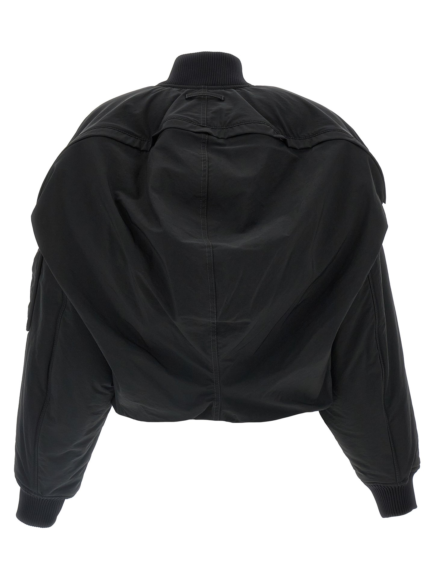 Hooded Bomber Jacket by Jean Paul Gaultier for women in polyester polyurethane polyethylene black features a dramatic silhouette, showcasing a sophisticated hooded neckline and distinctive pockets, hooded & insulated for a dramatic aesthetic.