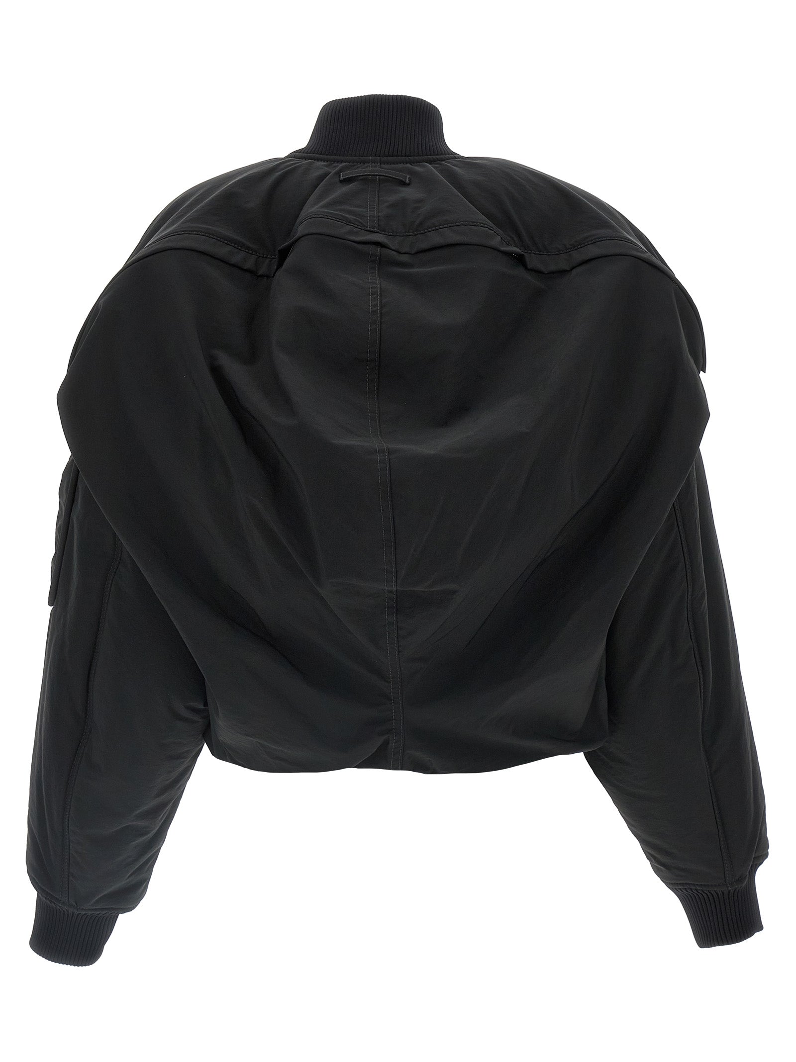 Hooded Bomber Jacket by Jean Paul Gaultier for women in polyester polyurethane polyethylene black features a dramatic silhouette, showcasing a sophisticated hooded neckline and distinctive pockets, hooded & insulated for a dramatic aesthetic.