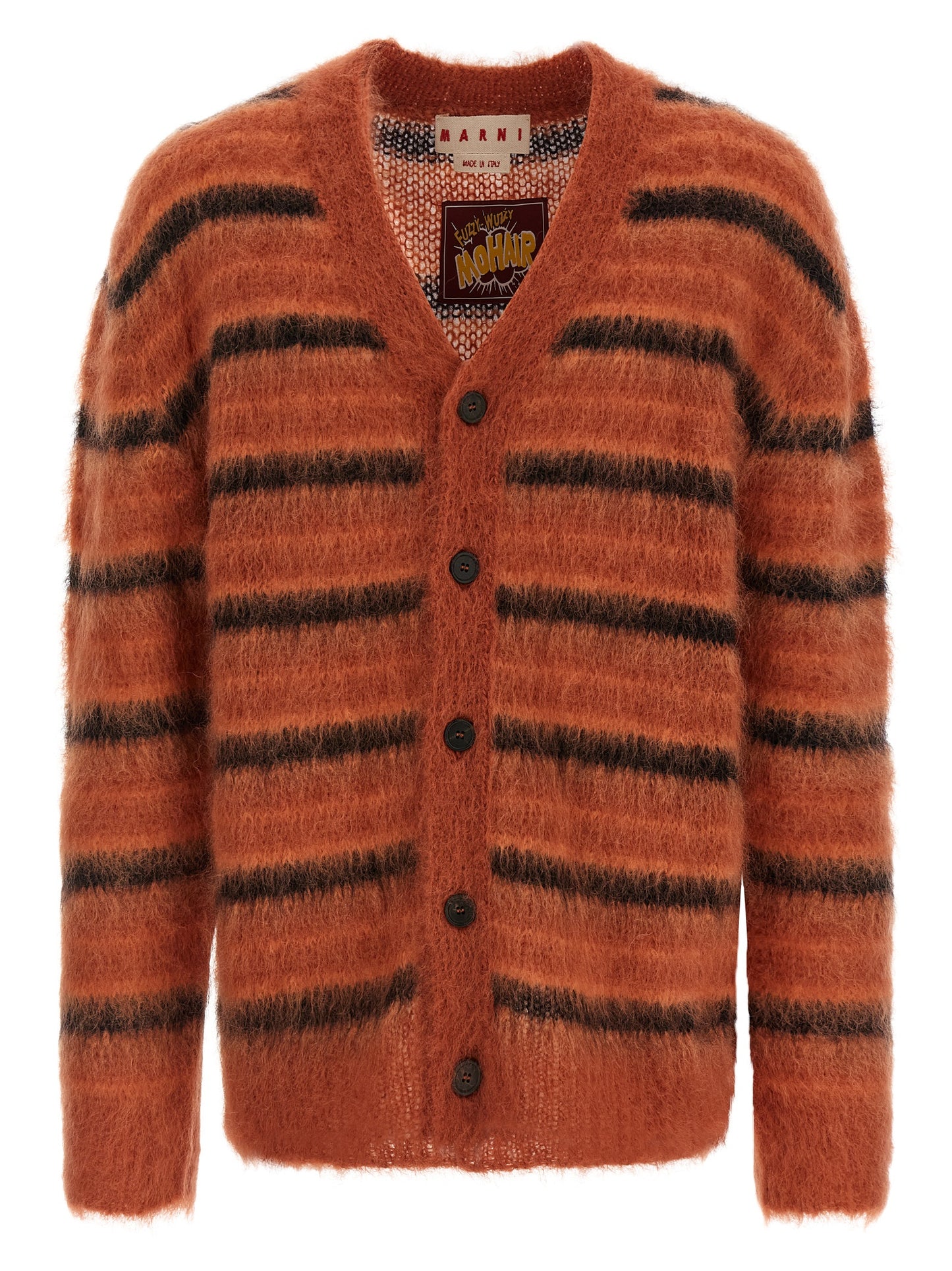 Cardigan by Marni for men in polyester & mohair orange & striped presents a textural silhouette, artfully finished with a textural v-neck neckline and long-sleeve for a sophisticated, textural look.
