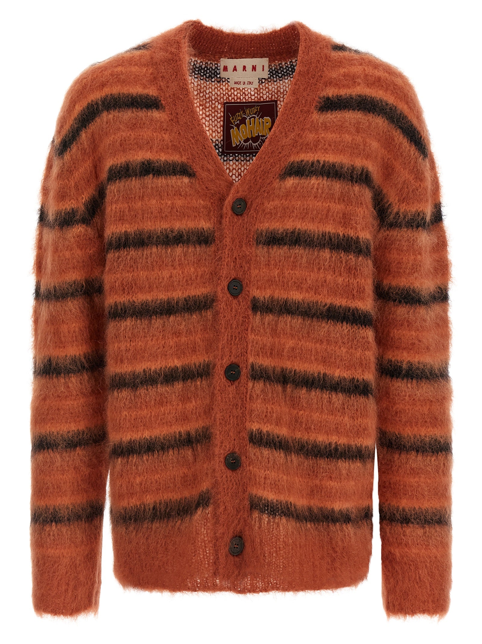 Cardigan by Marni for men in polyester & mohair orange & striped presents a textural silhouette, artfully finished with a textural v-neck neckline and long-sleeve for a sophisticated, textural look.
