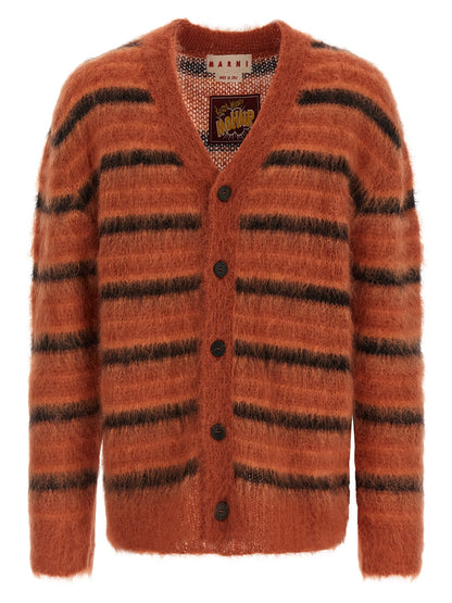 Cardigan by Marni for men in polyester & mohair orange & striped presents a textural silhouette, artfully finished with a textural v-neck neckline and long-sleeve for a sophisticated, textural look.