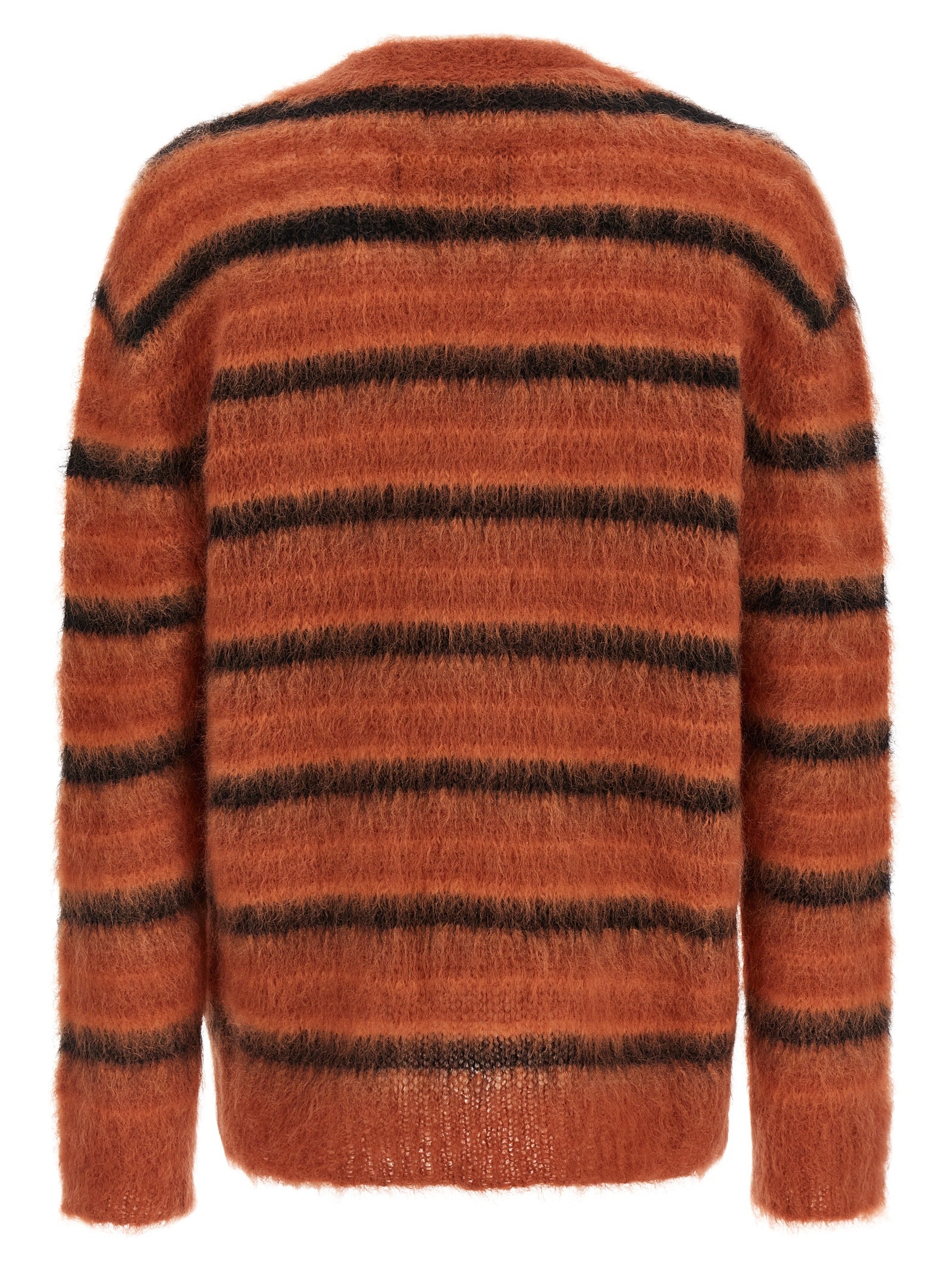 Cardigan by Marni for men in polyester & mohair orange & striped features an crisp silhouette, showcasing a sophisticated v-neck neckline and detail for a truly crisp finish.