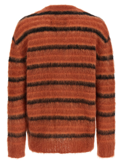 Cardigan by Marni for men in polyester & mohair orange & striped features an crisp silhouette, showcasing a sophisticated v-neck neckline and detail for a truly crisp finish.