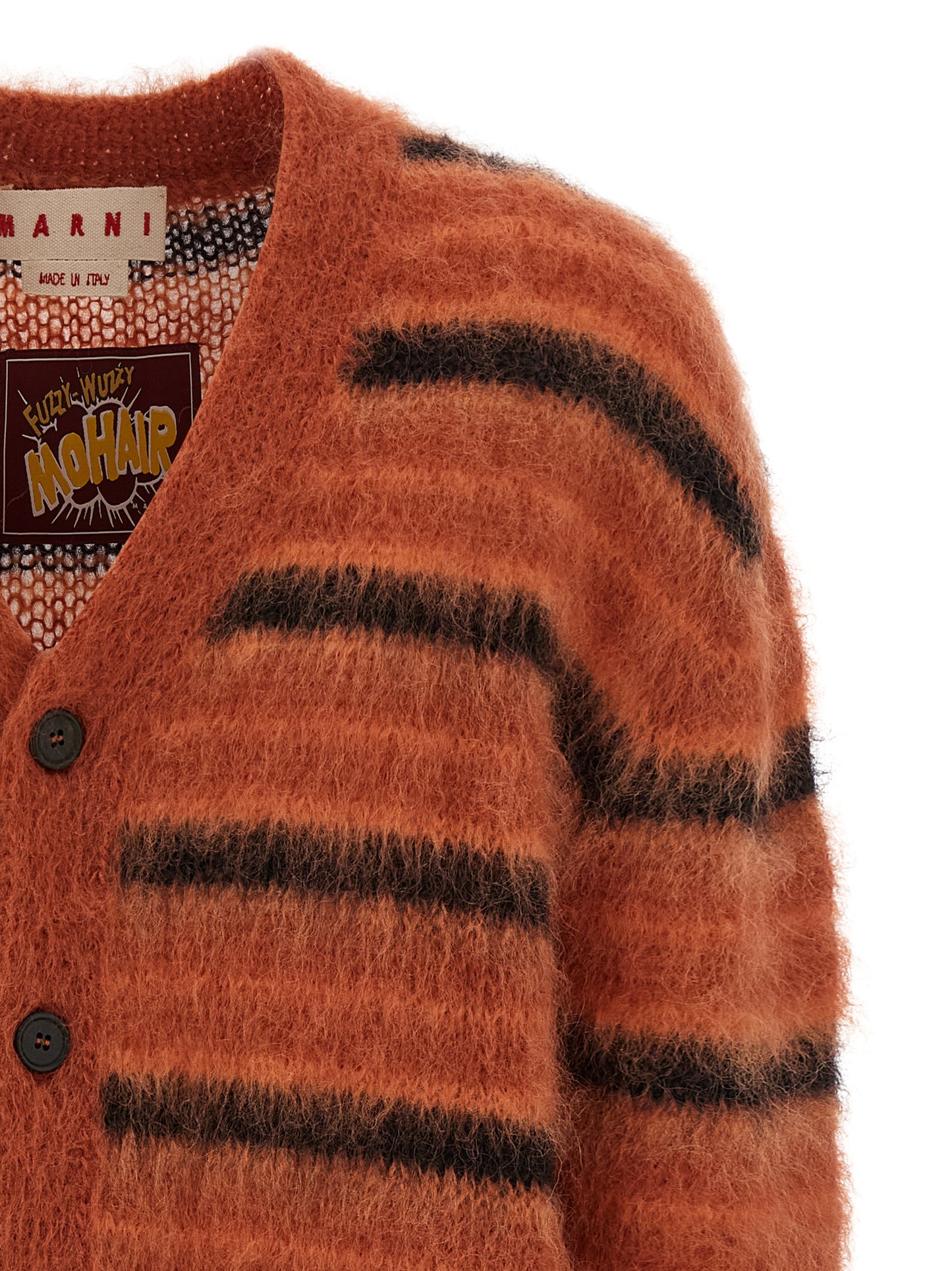 Cardigan by Marni for men in polyester & mohair orange & striped features an impeccable silhouette, showcasing a sophisticated v-neck neckline and detail for a truly impeccable finish.