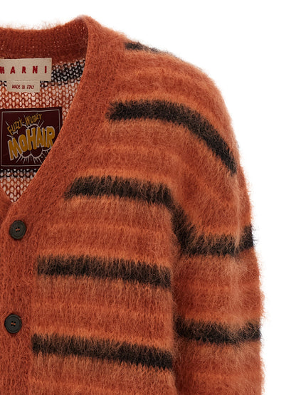 Cardigan by Marni for men in polyester & mohair orange & striped features an impeccable silhouette, showcasing a sophisticated v-neck neckline and detail for a truly impeccable finish.