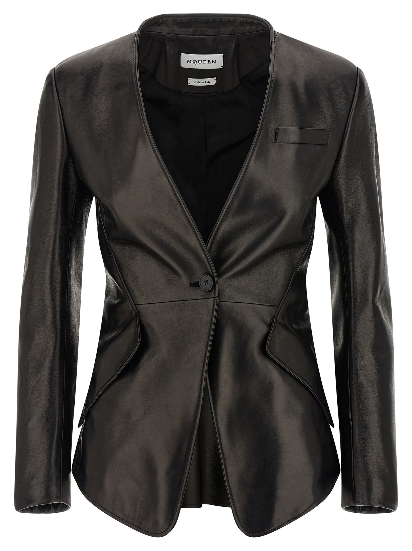 Blazer by Alexander McQueen for women in lamb leather black presents a distinguished silhouette, detailed with a distinguished v-neck asymmetric neckline and distinctive for a truly sophisticated finish.