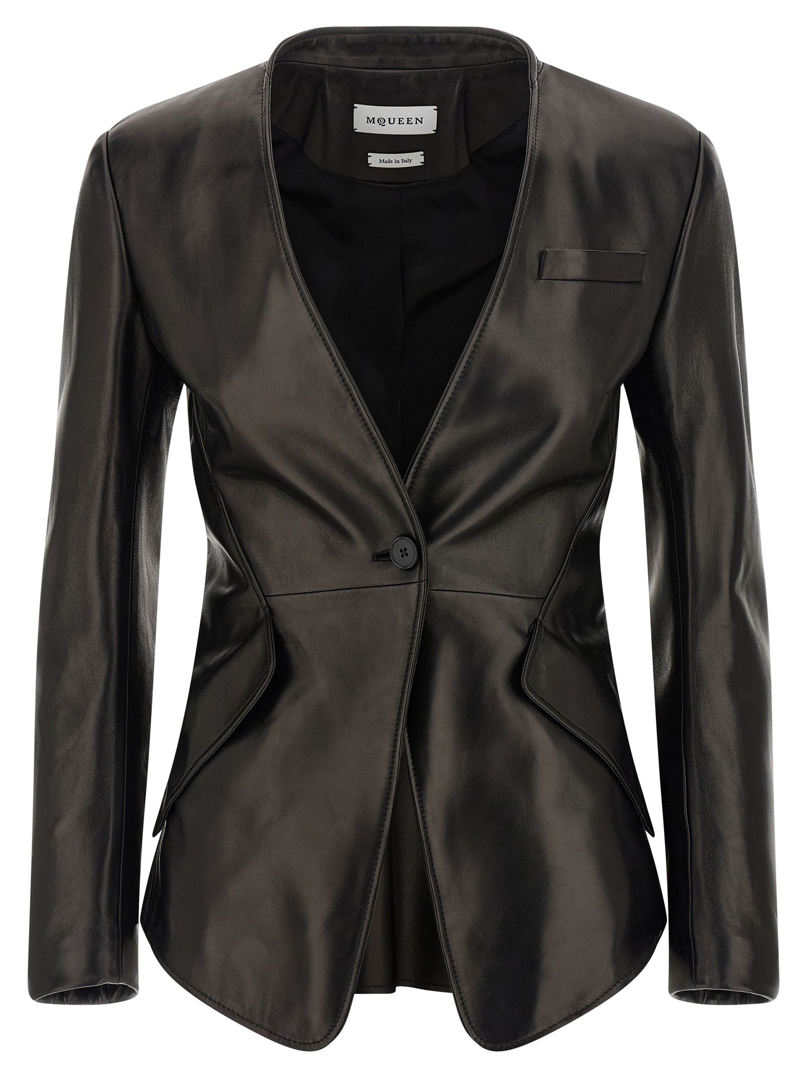 Blazer by Alexander McQueen for women in lamb leather black presents a distinguished silhouette, detailed with a distinguished v-neck asymmetric neckline and distinctive for a truly sophisticated finish.