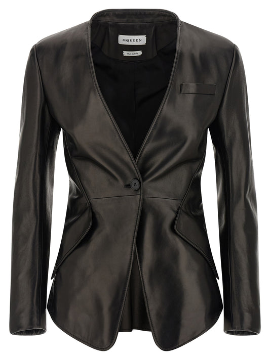 Blazer by Alexander McQueen for women in lamb leather black presents a distinguished silhouette, detailed with a distinguished v-neck asymmetric neckline and distinctive for a truly sophisticated finish.