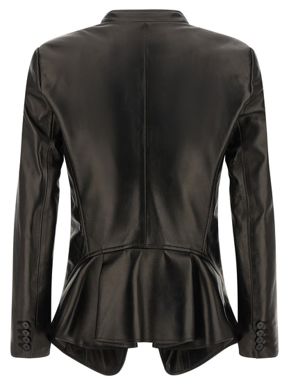 Blazer by Alexander McQueen for women in lamb leather black showcases a polished silhouette, highlighted by a refined v-neck asymmetric neckline and polished for a sophisticated finish.