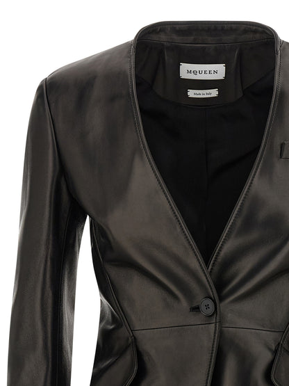 Blazer by Alexander McQueen for women in lamb leather black features an crisp silhouette with sophisticated and a crisp v-neck asymmetric neckline for a truly crisp finish.