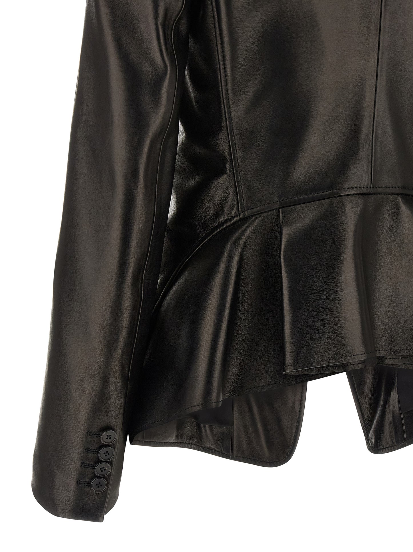 This Blazer by Alexander McQueen for women in lamb leather black presents a tailored silhouette, meticulously tailored with a tailored and distinctive for a tailored finish.