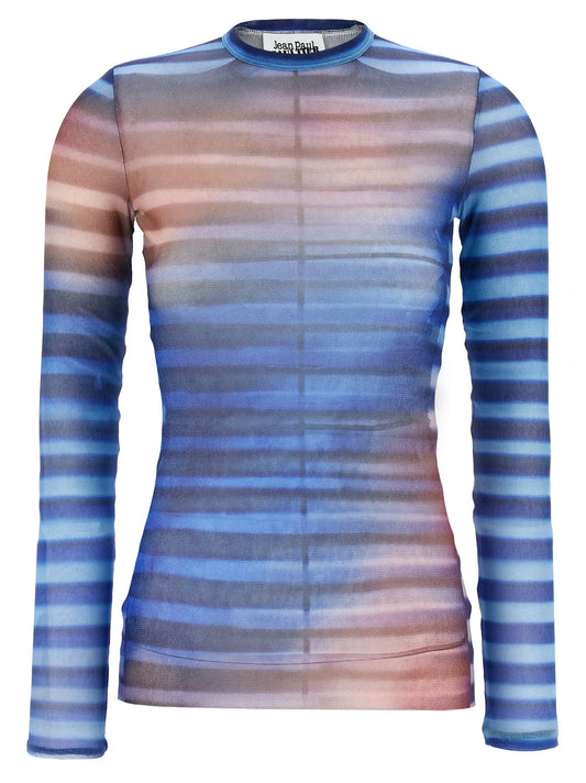 Shirt by Jean Paul Gaultier for women in polyamide multicolor, patterned & print showcases a sharp silhouette, elegantly detailed with a sharp crew neckline and sharp long-sleeve.