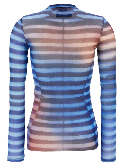 Shirt by Jean Paul Gaultier for women in polyamide multicolor, patterned & print features an architectural silhouette with a refined and elegant crew neckline for a architectural look.