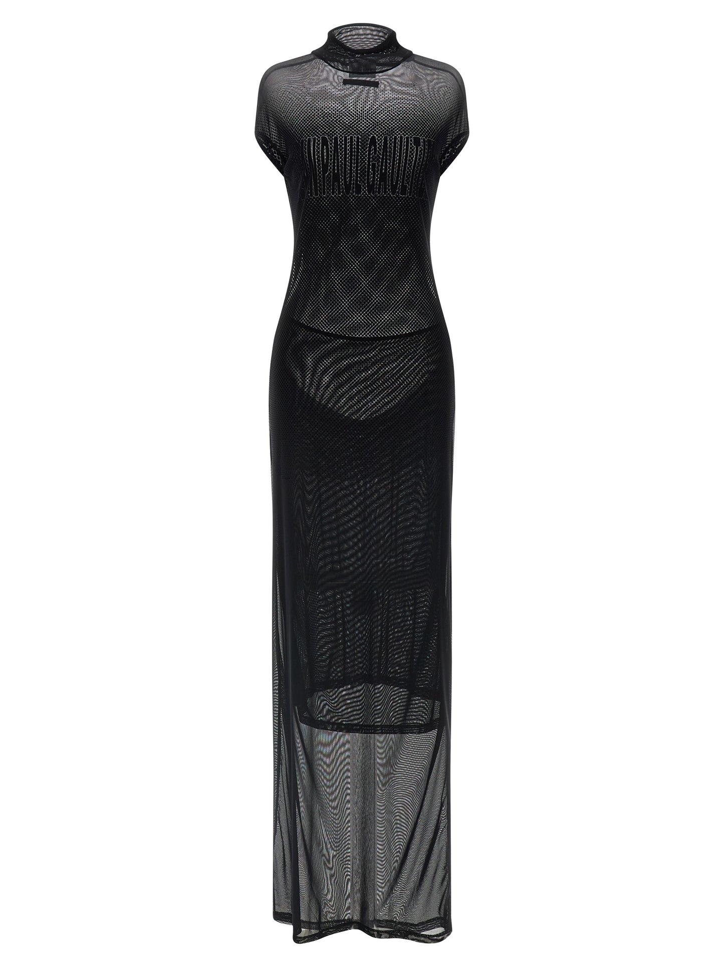 Dress by Jean Paul Gaultier for women in polyamide black, transparent & patterned showcases a striking silhouette, elegantly detailed with a sleeveless, refined , and a striking long for a striking finish.