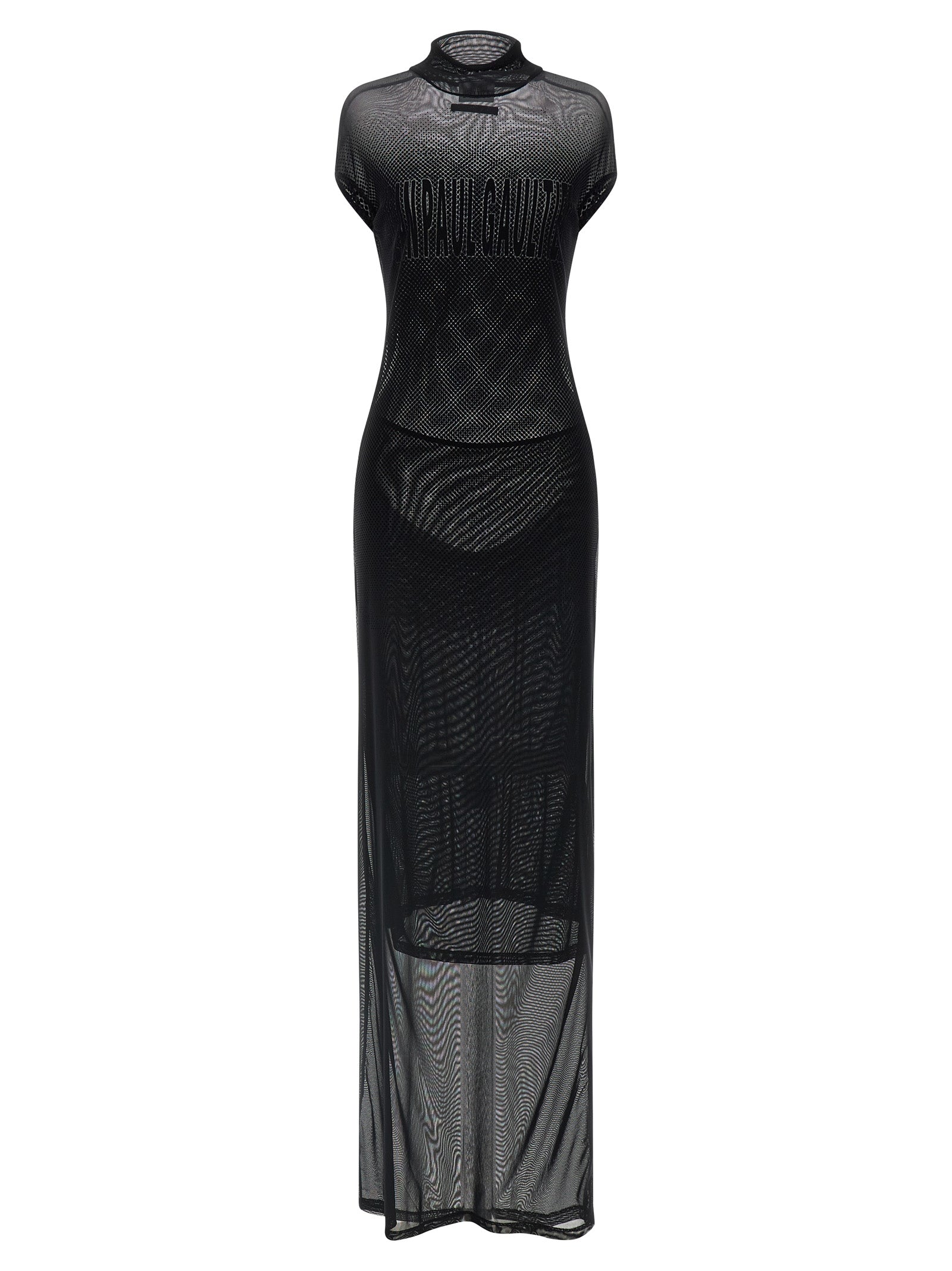 Dress by Jean Paul Gaultier for women in polyamide black, transparent & patterned showcases a striking silhouette, elegantly detailed with a sleeveless, refined , and a striking long for a striking finish.