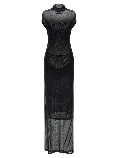 Dress by Jean Paul Gaultier for women in polyamide black, transparent & patterned showcases a striking silhouette, elegantly detailed with a sleeveless, refined , and a striking long for a striking finish.