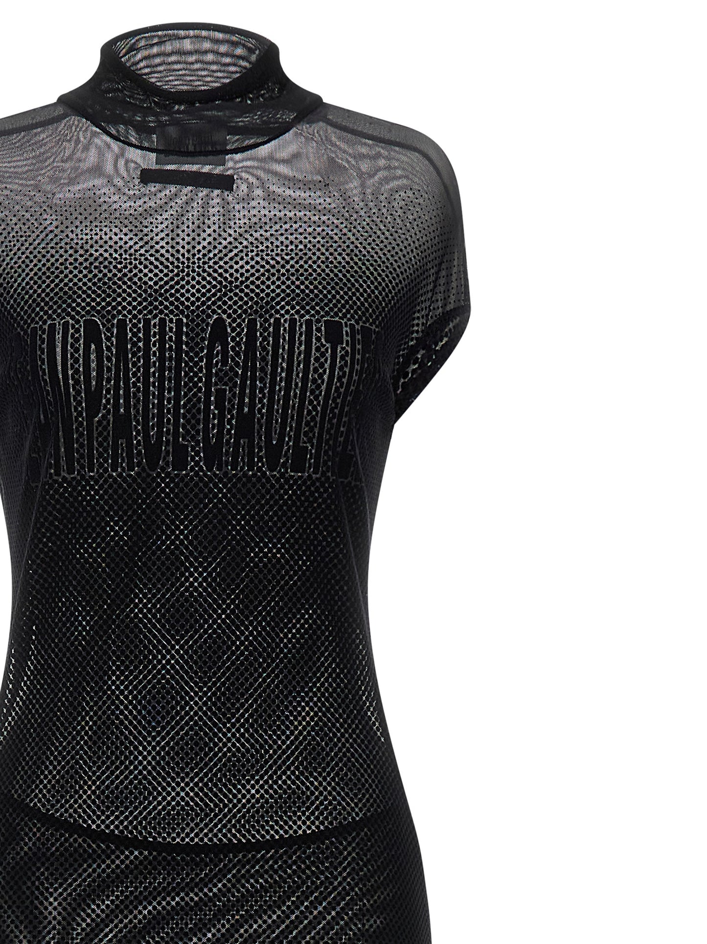 Dress by Jean Paul Gaultier for women in polyamide black, transparent & patterned features an sultry silhouette defined by a and , falling to an sultry long for a sultry look.