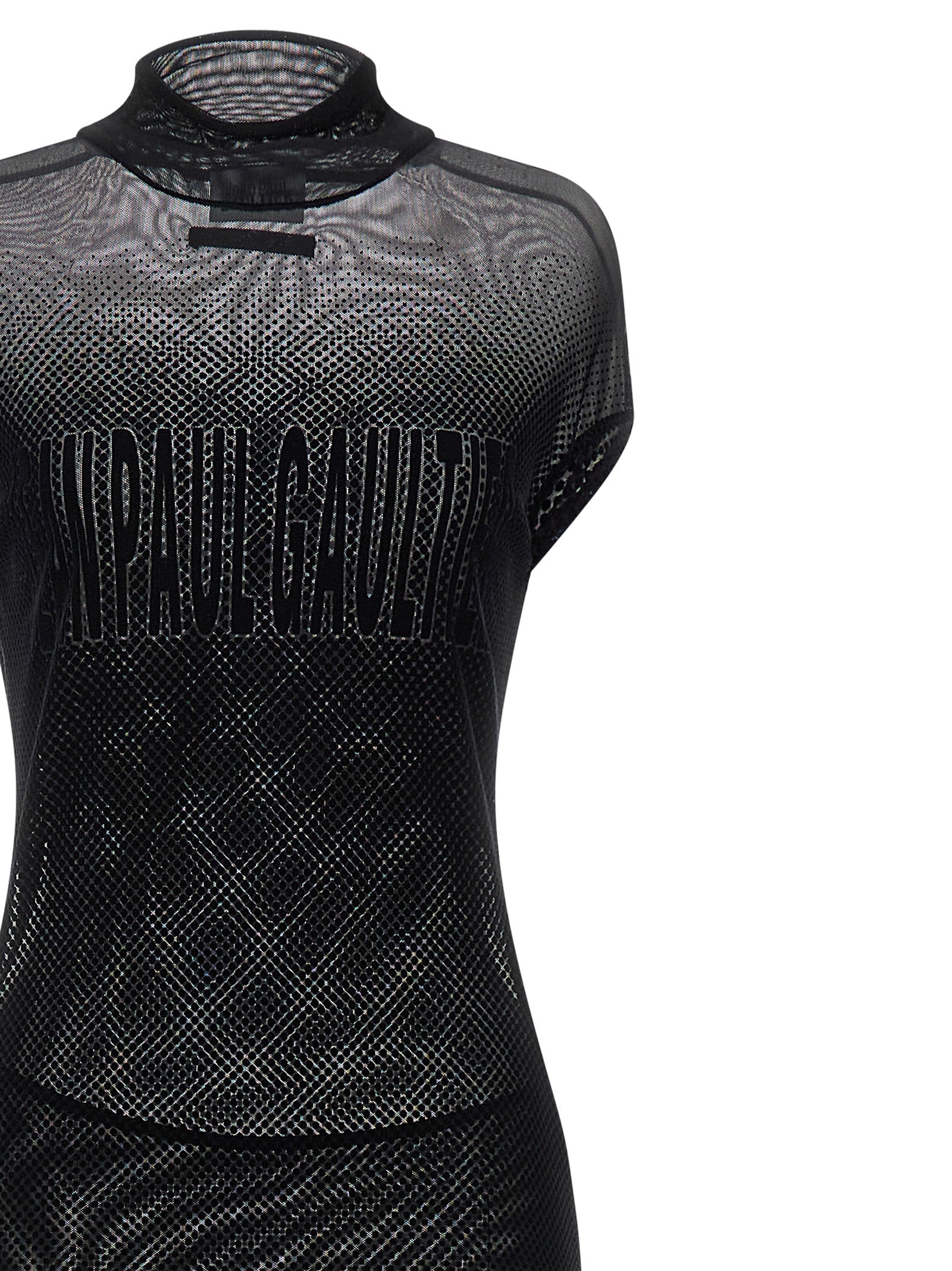 Dress by Jean Paul Gaultier for women in polyamide black, transparent & patterned features an sultry silhouette defined by a and , falling to an sultry long for a sultry look.