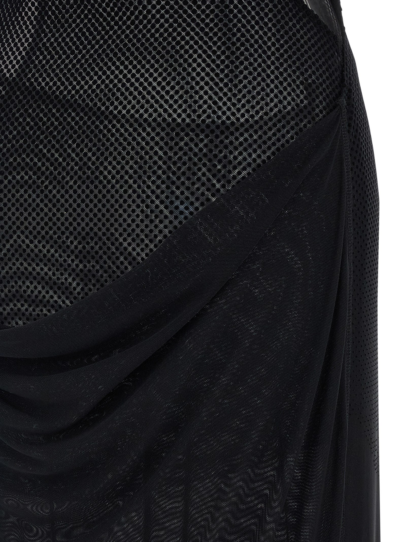 Dress by Jean Paul Gaultier for women in polyamide black, transparent & patterned features a dramatic silhouette, showcasing an elegant and that flows into a dramatic long.