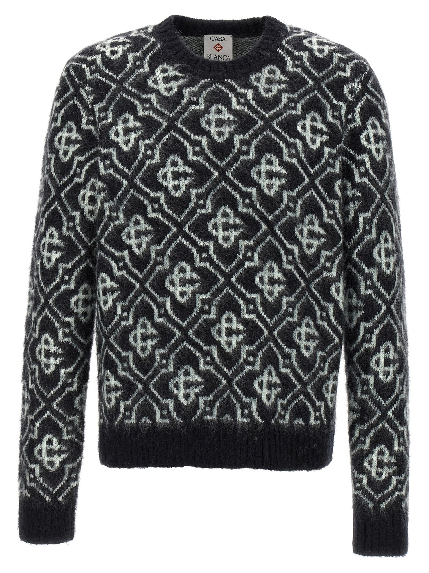Cardigan by Casablanca for men in mohair nylon wool & cotton multicolor & monogram features a dramatic silhouette, showcasing a sophisticated crew neckline and dramatic long-sleeve detail for a timeless, premium look.