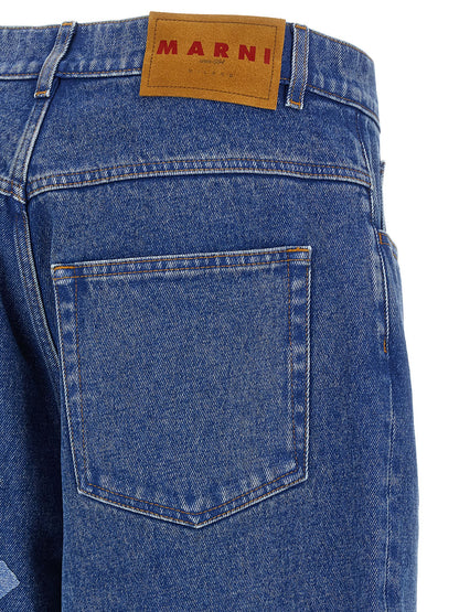 Jeans by Marni for men in cotton denim blue presents a refined pantology silhouette, artfully defined by a refined pantology relaxed-fit & wide, long, and a sophisticated low rise.