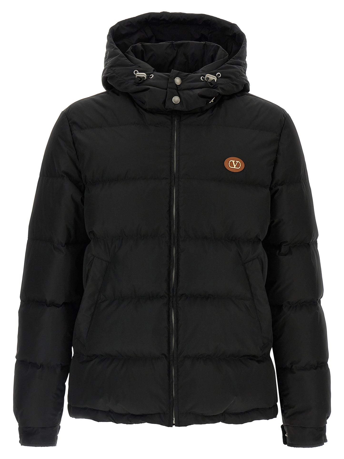 Hooded Puffer Jacket by Valentino Garavani for men in polyamide black & signature features a city-ready silhouette, detailed with hooded & insulated and a city-ready wrap hooded neckline.