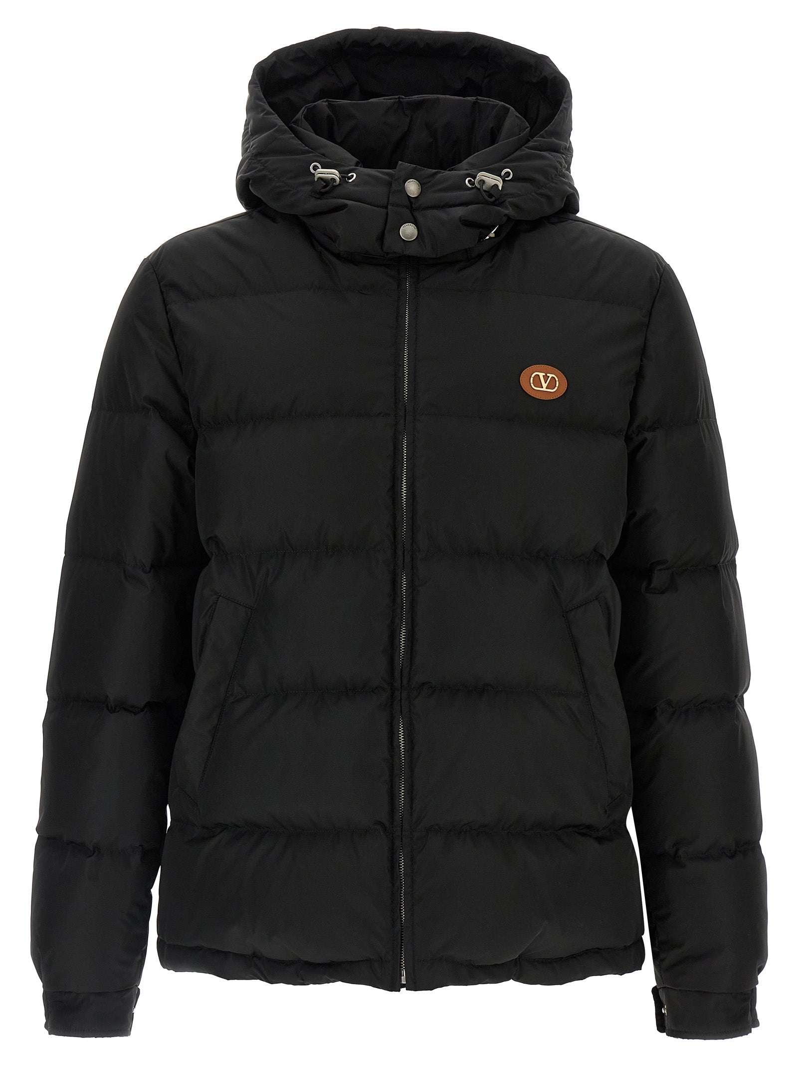 Hooded Puffer Jacket by Valentino Garavani for men in polyamide black & signature features a city-ready silhouette, detailed with hooded & insulated and a city-ready wrap hooded neckline.