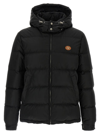 Hooded Puffer Jacket by Valentino Garavani for men in polyamide black & signature features a city-ready silhouette, detailed with hooded & insulated and a city-ready wrap hooded neckline.
