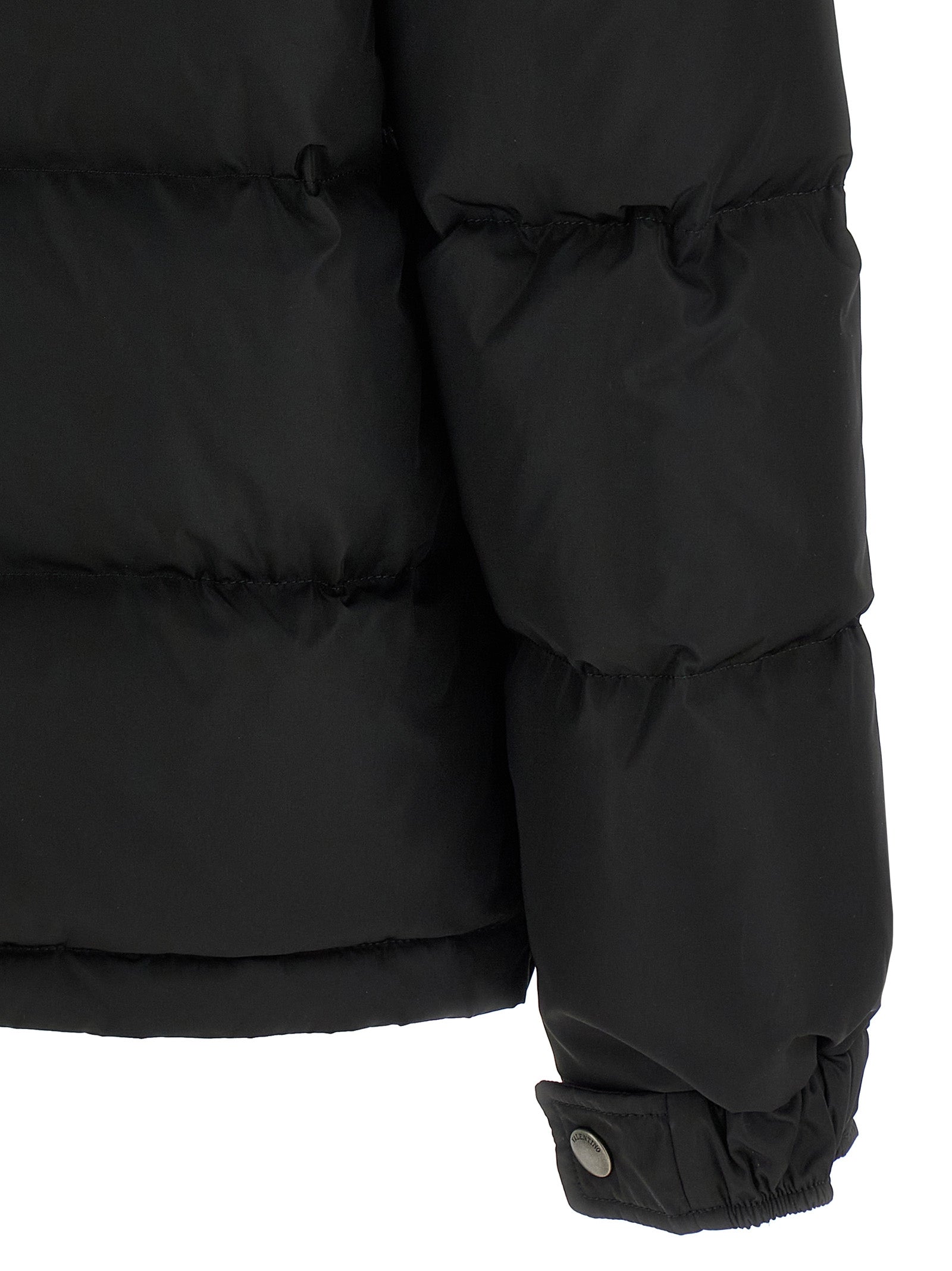 Hooded Puffer Jacket by Valentino Garavani for men in polyamide black & signature features a dramatic silhouette, showcasing a sophisticated and distinctive hooded & insulated for a dramatic aesthetic.