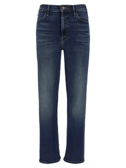 Jeans by Mother Denim for women in polyester polyurethane & denim cotton blue presents a refined pantology silhouette, artfully defined by a refined pantology flared & cropped, cropped, and a sophisticated high rise.