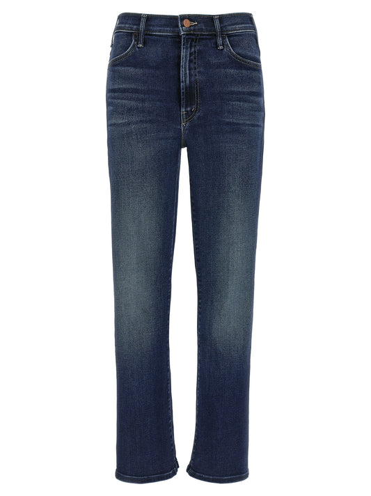 Jeans by Mother Denim for women in polyester polyurethane & denim cotton blue presents a refined pantology silhouette, artfully defined by a refined pantology flared & cropped, cropped, and a sophisticated high rise.